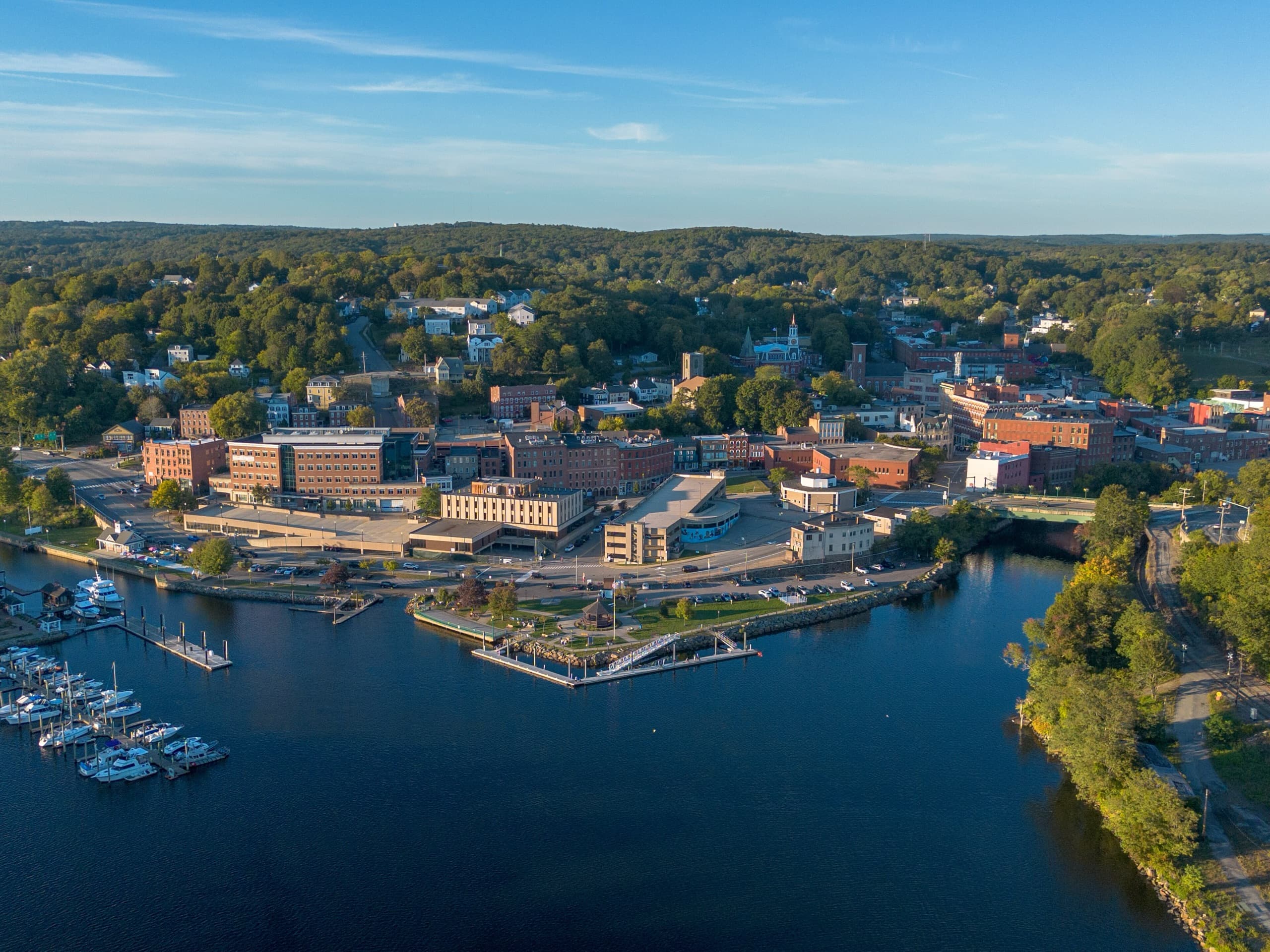 Aerial view of downtown Norwich, Connecticut, the Thames River, and the harbor marina